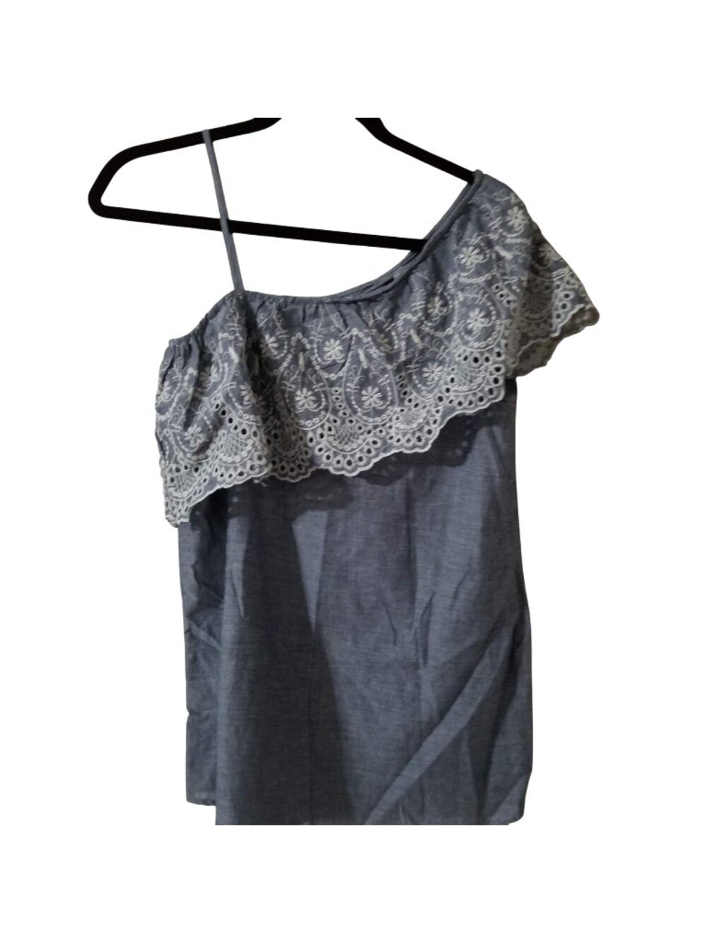 Fourteenth Place Blue One-Shoulder Top With White Embroidered Lace Trim Womens S